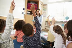 classroom with school kids raising hands